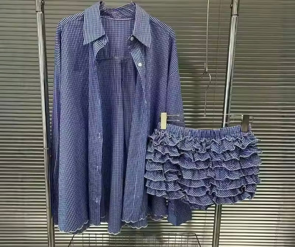 Women Fashion Blue Plaid Button Up Full Sleeve Ruffled Two Piece Short Set