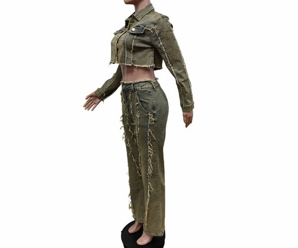 Women Fringe Fashion Denim Two Piece Jacket Pant Set