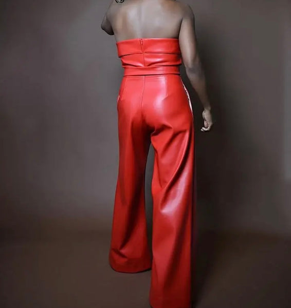 Women Sexy Fashion Strapless Faux Leather Wide Leg Jumpsuit