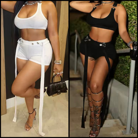 Women Sexy Sleeveless Solid Color Tassel Two Piece Short Set