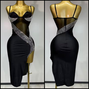 Women Sexy Sleeveless Black Rhinestone Mesh Patchwork Dress