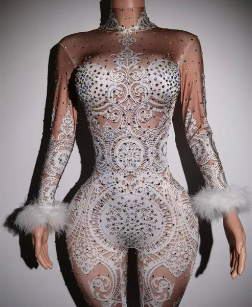 Women Sexy Feather Full Sleeve Rhinestone Jumpsuit