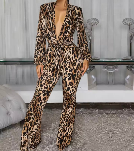 Women Sexy V-Neck Leopard Print Full Sleeve Jumpsuit