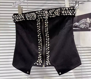 Women Fashion Strapless Suede Rhinestone Crop Top