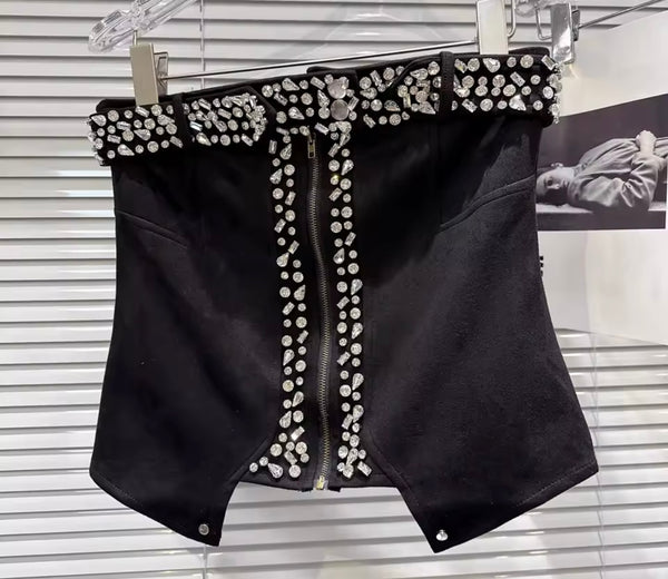 Women Fashion Strapless Suede Rhinestone Crop Top