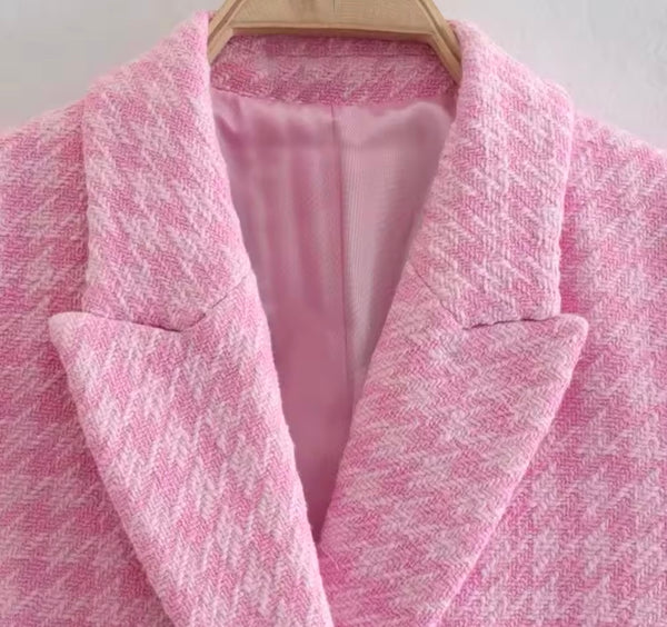 Women Sexy Pink Tweed Bling Button Blazer Two Piece Short Set