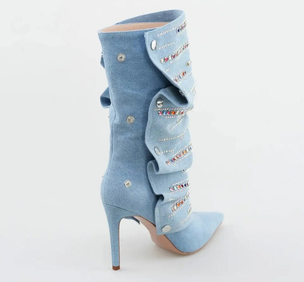 Women Fashion Button Color Rhinestone Denim Boots