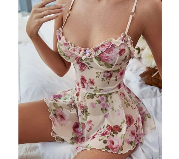 Women Sexy Sleeveless Mesh Floral Lingerie