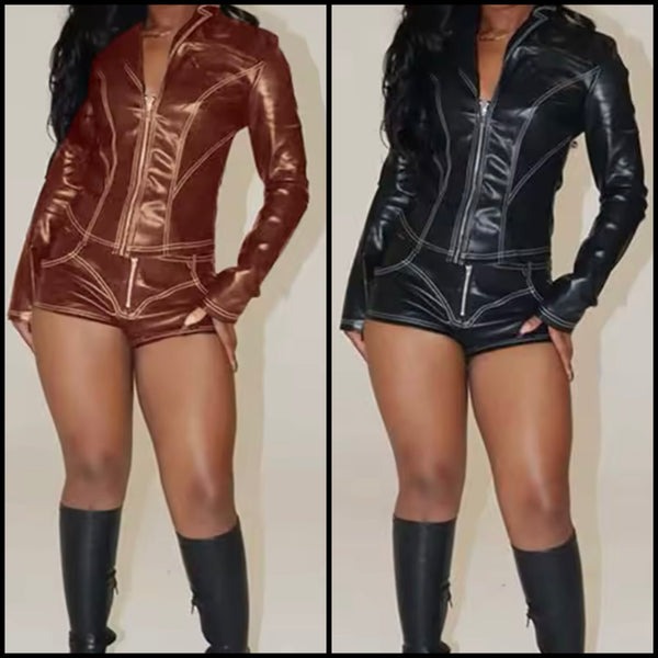 Women Fashion Faux Leather Full Sleeve Zip Up Two Piece Short Set