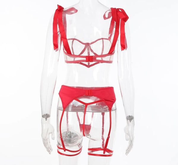 Women Red Sexy Satin Mesh Lingerie Set