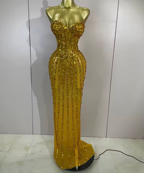 Women Sexy Strapless Rhinestone Mesh Maxi Dress