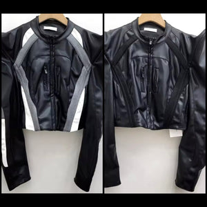 Women Fashion Zip Up Faux Leather Short Jacket