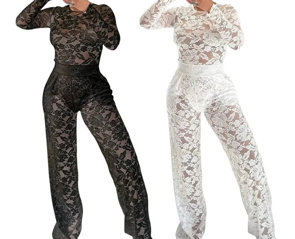 Women Lace Full Sleeve Sexy Two Piece Pant Set