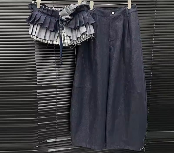 Women Strapless Plaid Denim Two Piece Wide Leg Pant Set