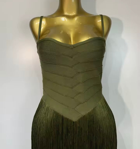 Women Green Sexy Sleeveless Fringe Tassel Maxi Dress