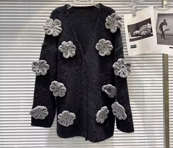 Women Black Fashion Button Up Gray 3D Floral Cardigan Sweater