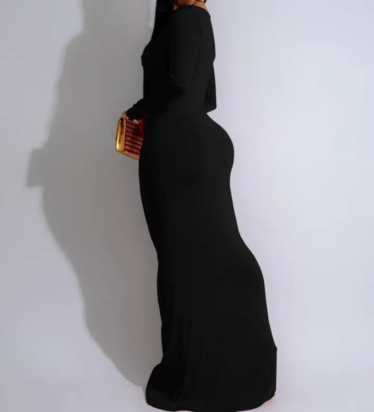 Women Sexy Metal Cut Out Full Sleeve Solid Color Maxi Dress