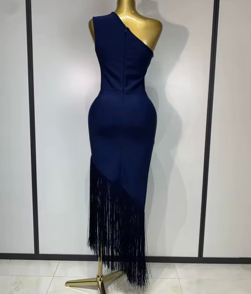Women One Shoulder Sleeveless Blue Rhinestone Sexy Maxi Dress