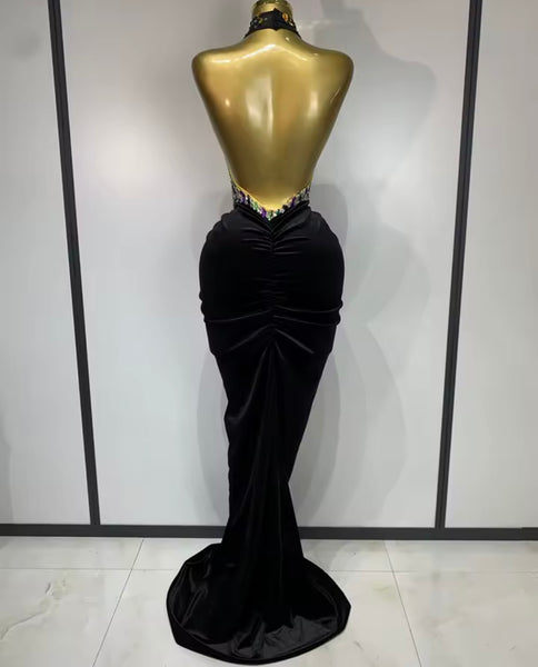 Women Halter Sleeveless Velvet Multicolored Rhinestone Maxi Dress