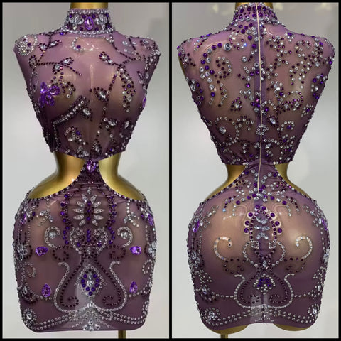 Women Sexy Sleeveless Purple Rhinestone Mesh Dress