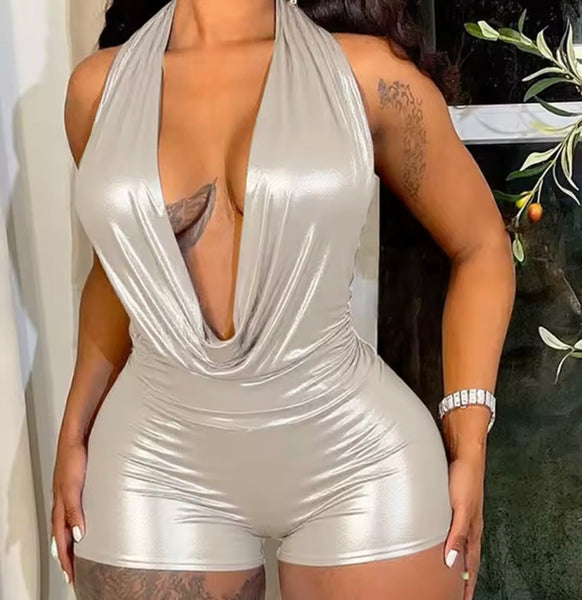 Women Sexy Halter Sleeveless PU Jumpsuit