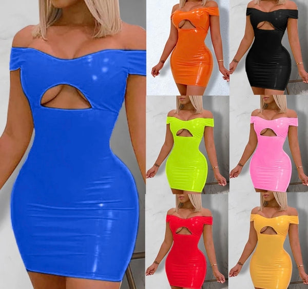 Women Sexy PU Off The Shoulder Cut Out Short Sleeve Dress