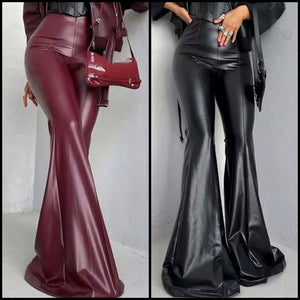 Women Color PU Fashion Bell Bottom Pants