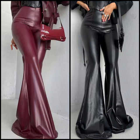 Women Color PU Fashion Bell Bottom Pants