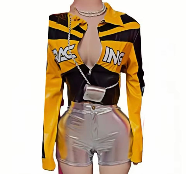 Women Color Fashion PU Jacket Two Piece Short Set