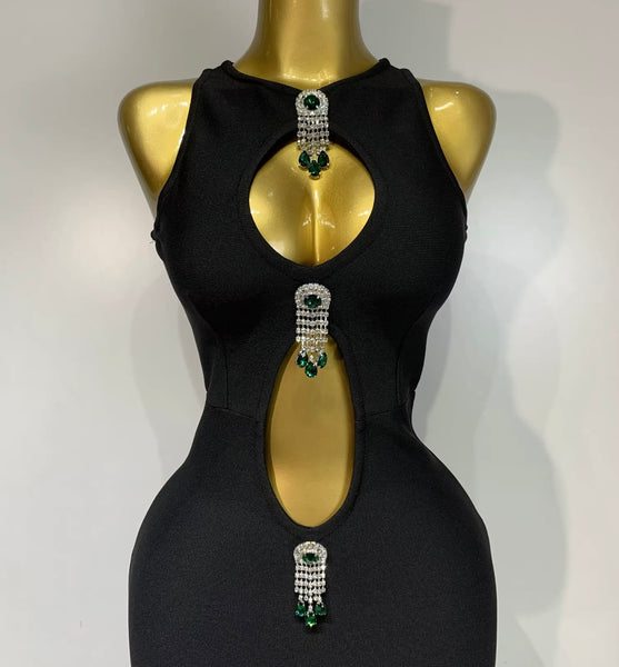 Women Sexy Sleeveless Crystal Rhinestone Cut Out Black Maxi Dress