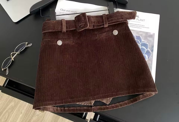 Women Sexy Fashion Belted Corduroy Skirt