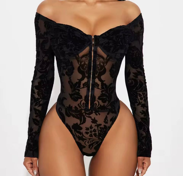 Women Sexy Black Off The Shoulder Floral Bodysuit Lingerie