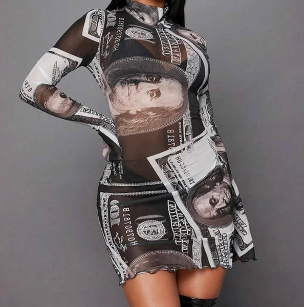 Women Sexy B&W Money Print Full Sleeve Mesh Dress