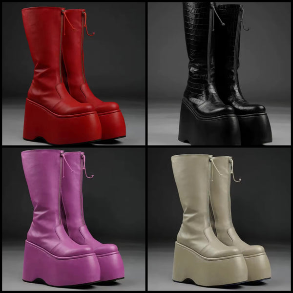 Women Color Fashion Front Zipper Platform Faux Leather Boots