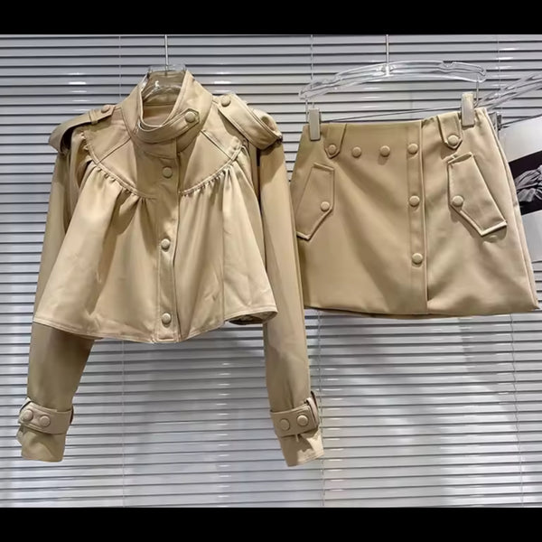 Women Fashion Khaki Button Up Two Piece Skirt Set