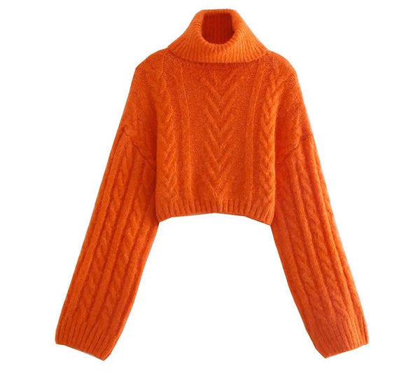 Women Orange Turtleneck Full Sleeve Fashion Crop Sweater Top