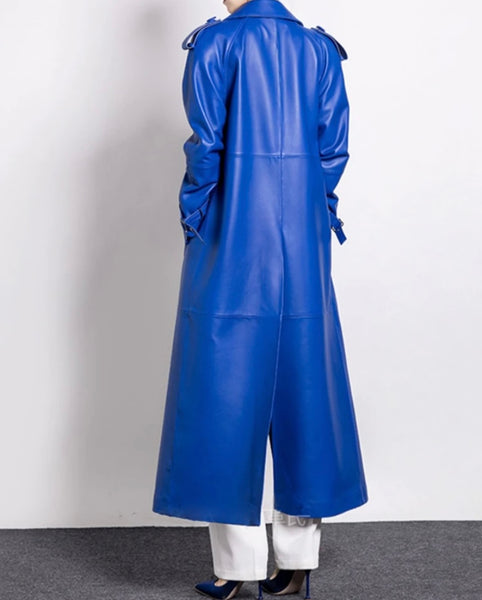 Women Blue Faux Leather Fashion Trench Jacket