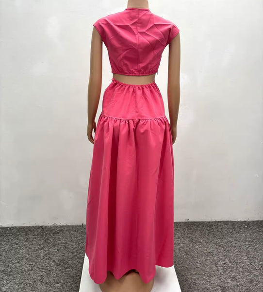 Women Pink Sexy Short Sleeve Cut Out Maxi Dress