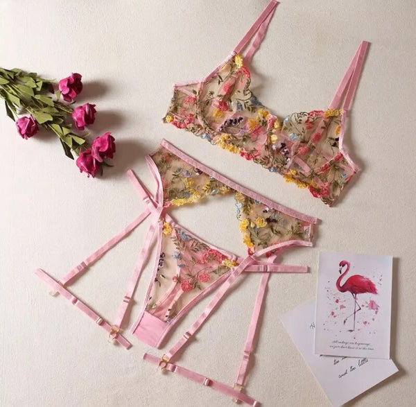 Women Sexy Colorful Floral Mesh Lingerie Set