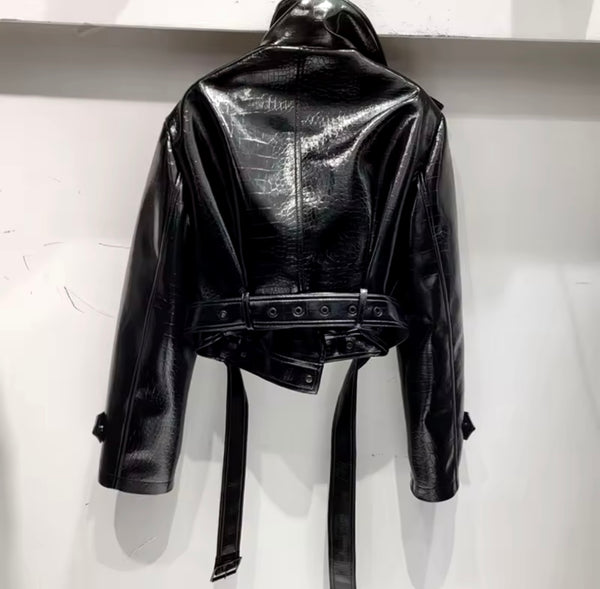 Women Fashion Black PU Leather Jacket Two Piece Maxi Skirt Set