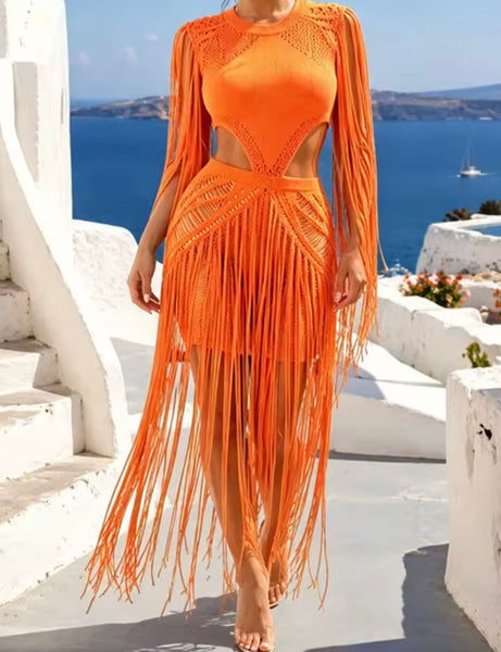 Women Sexy Sleeveless Fringe Tassel Cut Out Dress