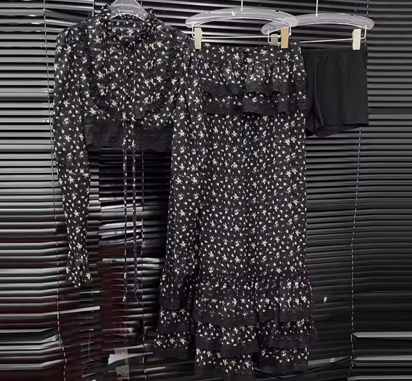 Women Ruffled Floral Full Sleeve Three Piece Maxi Skirt Set