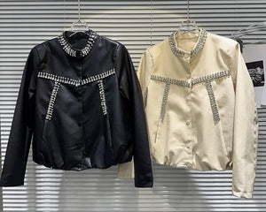 Women Faux Leather Rhinestone Patchwork Fashion Jacket