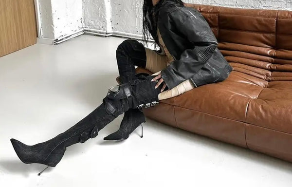 Women Fashion Black Denim Buckled Pocket Over The Knee Boots