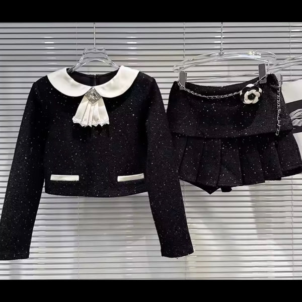 Women Fashion B&W Chain Belted Ruffle Two Piece Skirt Set