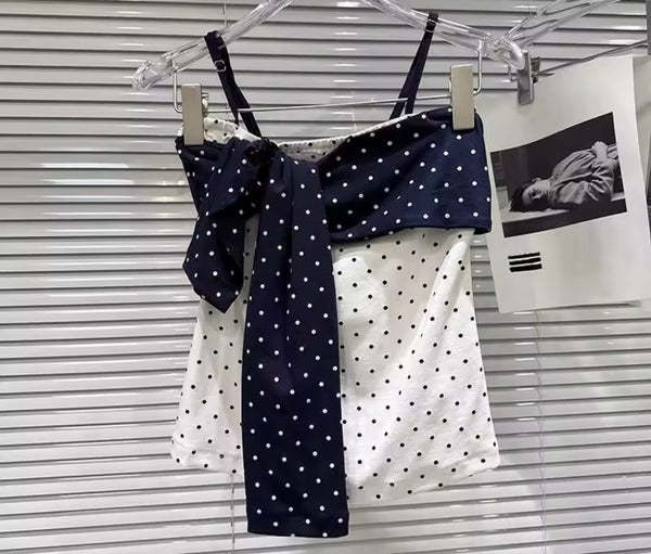 Women Sexy Sleeveless Color Patchwork Polka Dot Two Piece Skirt Set