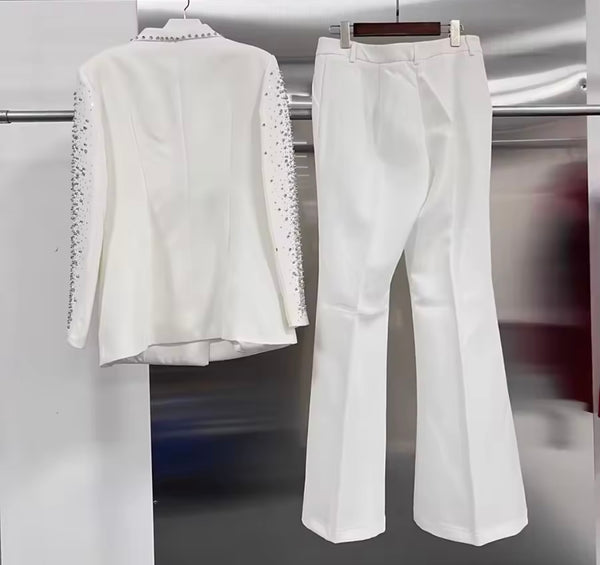Women White Rhinestone Button Up Blazer Two Piece Split Pant Set