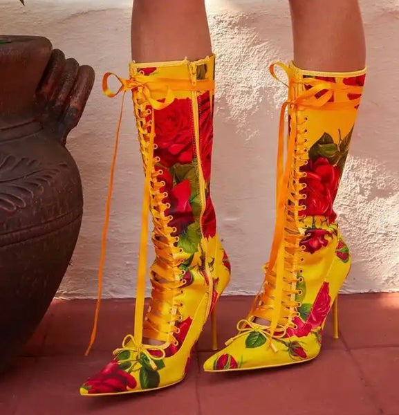 Women Fashion Pointed Toe Yellow Floral Lace Up High Heel Boots