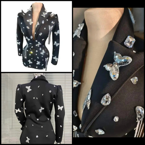 Women Crystal Bling Butterfly Sexy Full Sleeve Blazer Dress
