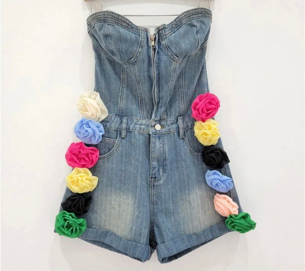 Women Fashion Front Zipper Floral Strapless Denim Romper